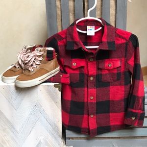 Buffalo plaid button down & coordinating shoes